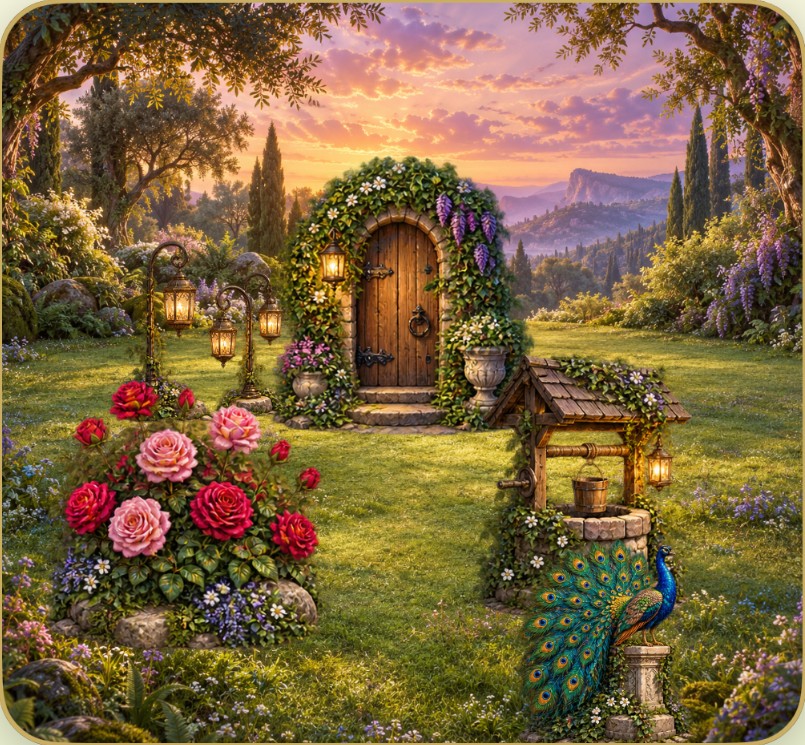 Restored Secret Garden with flowers, lanterns and a peacock